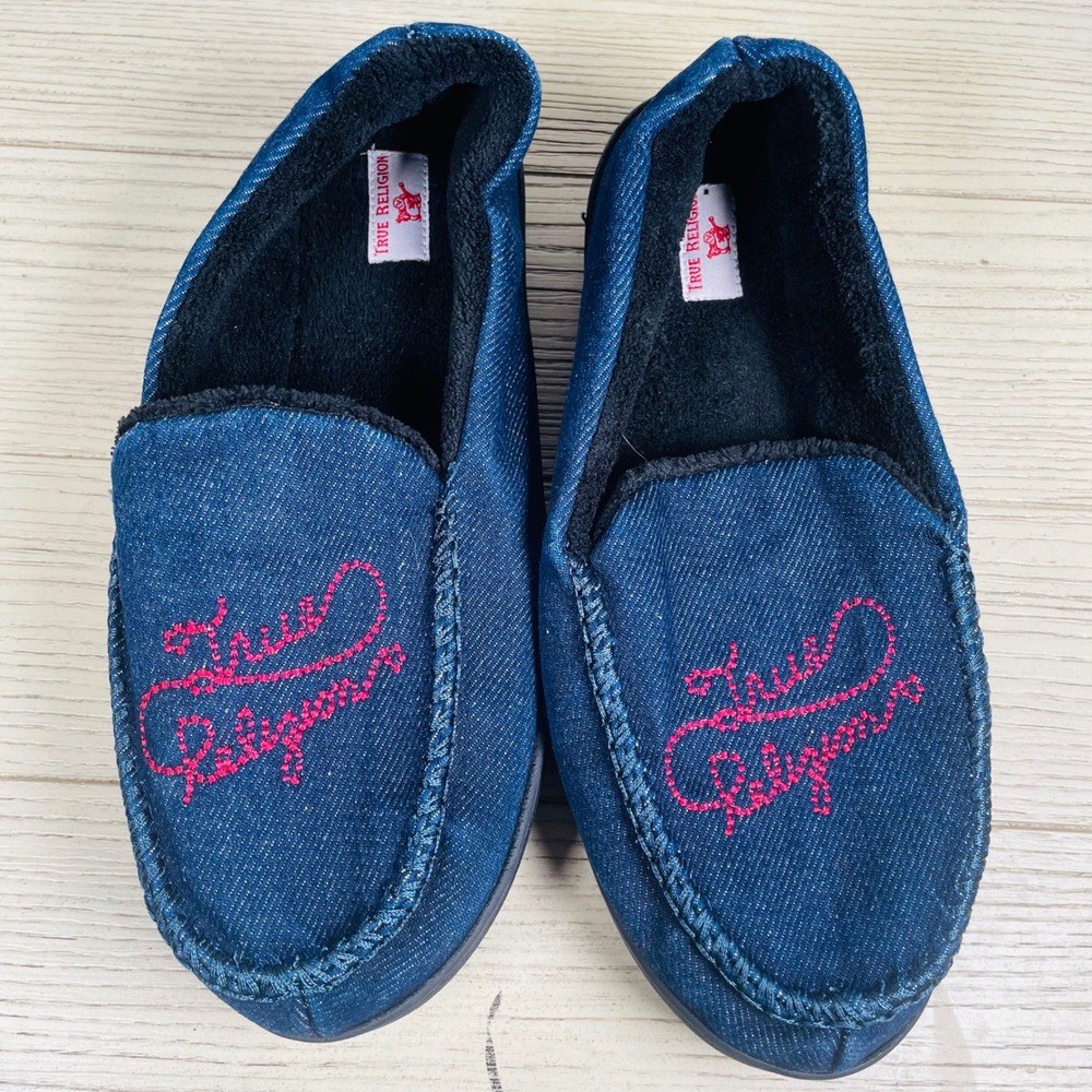 True Religion Denim Embroidered Logo Slip On Cozy Slippers Shoes‎ Mens M (9-10)